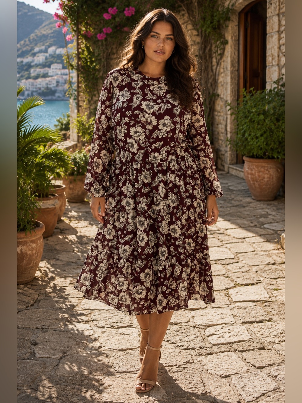Emma & Michele Burgundy Floral Midi Dress with Cream Blooms
